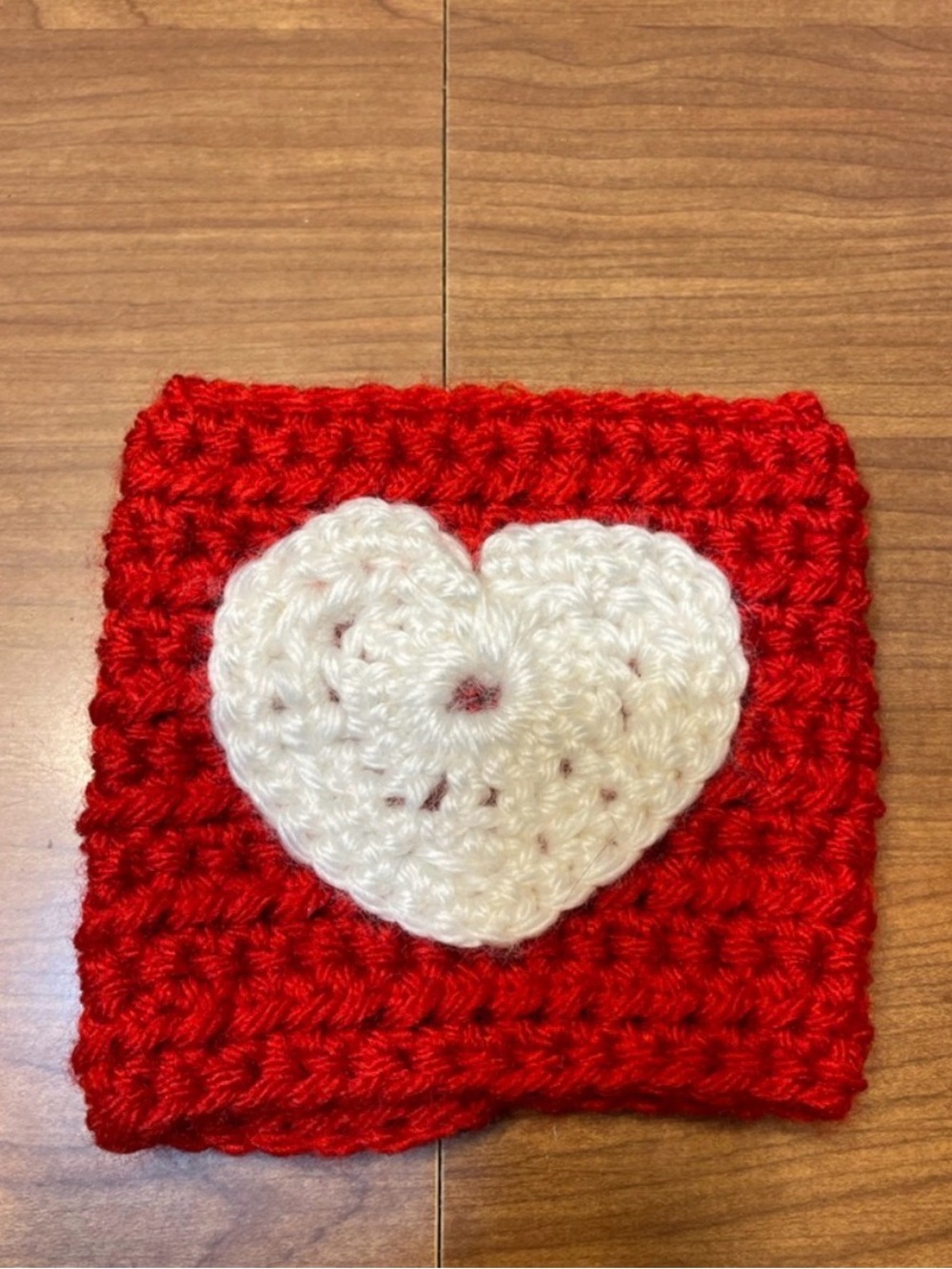 Handmade Red Crochet Cozy with White Heart Appliqué